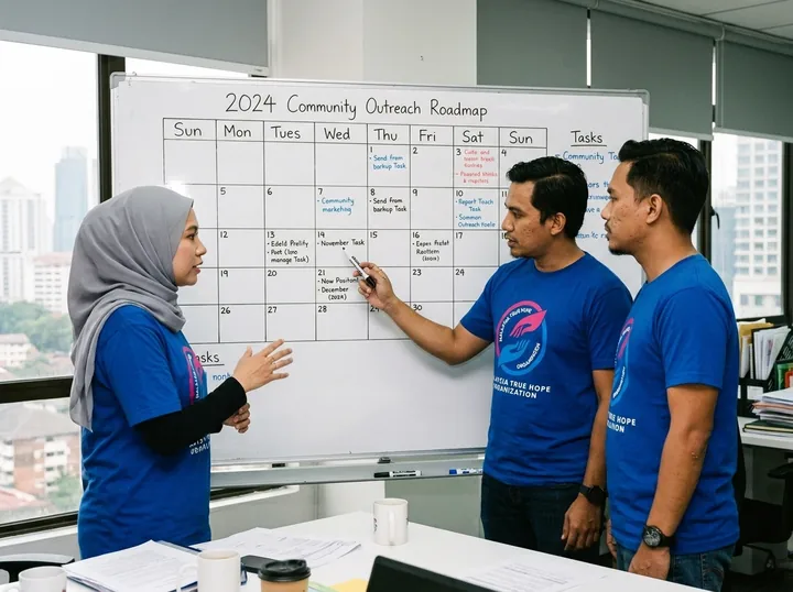 The team works on the outreach calendar.
