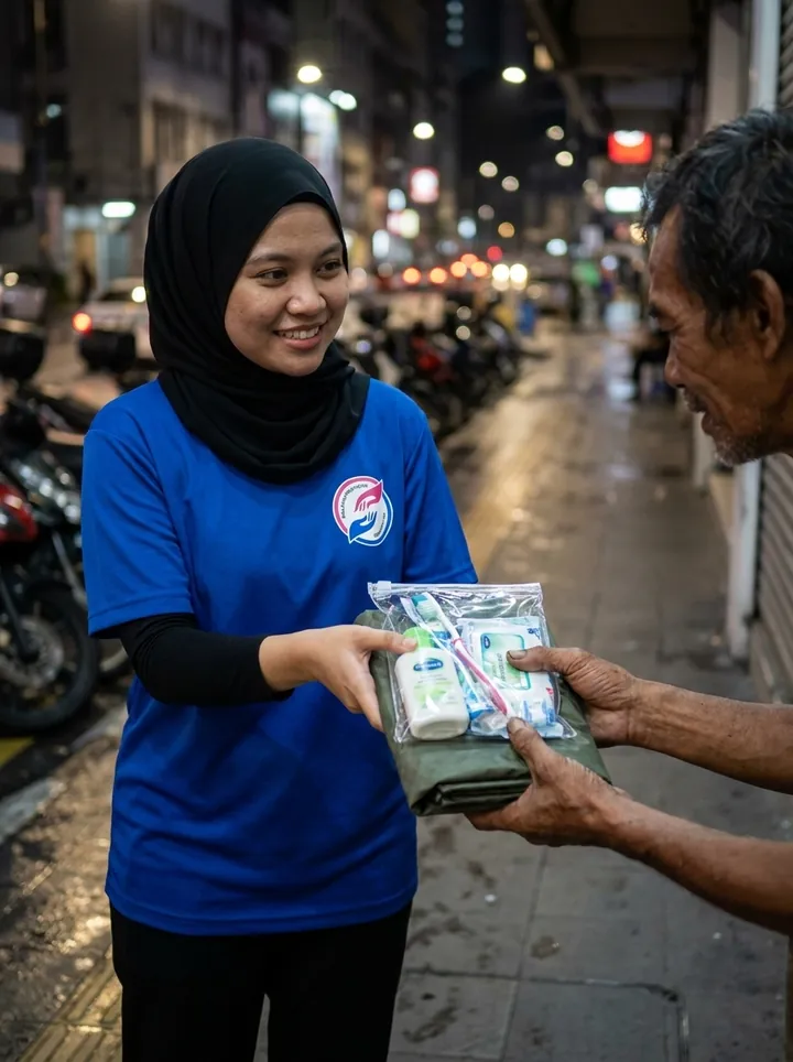 Distributing care supplies during a welfare visit.