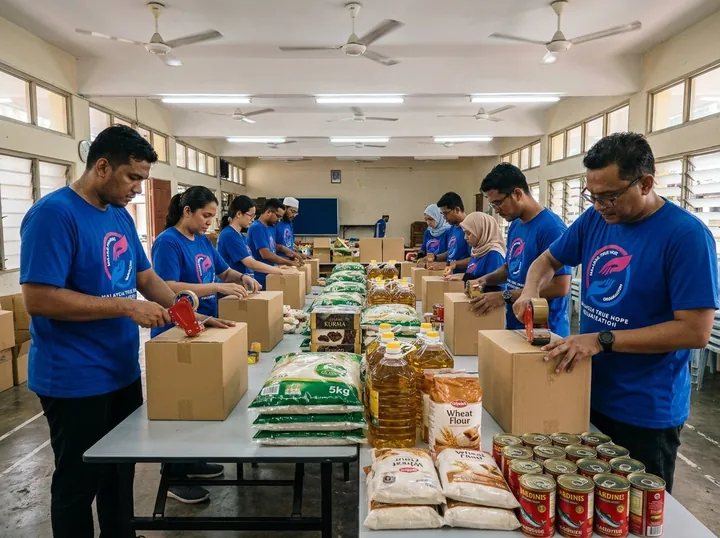 Packing grocery care boxes in the community hall.