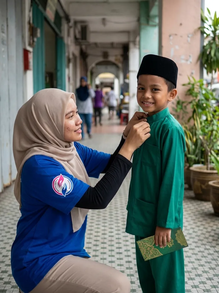 Membantu kanak-kanak mencuba pakaian perayaan.