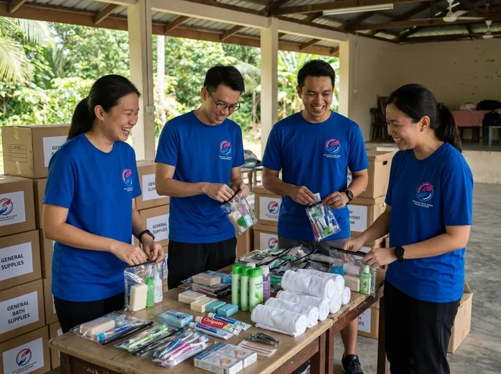 Assembling hygiene care packs.