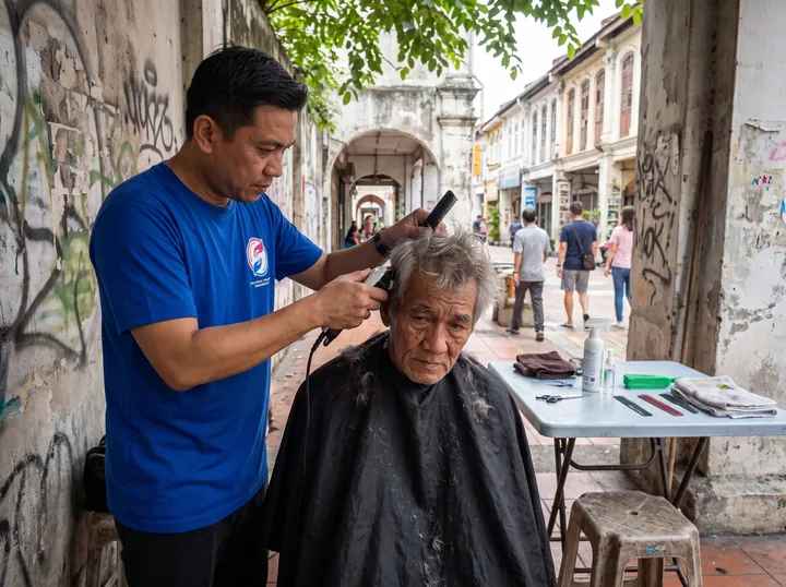 A volunteer barber at the grooming station.