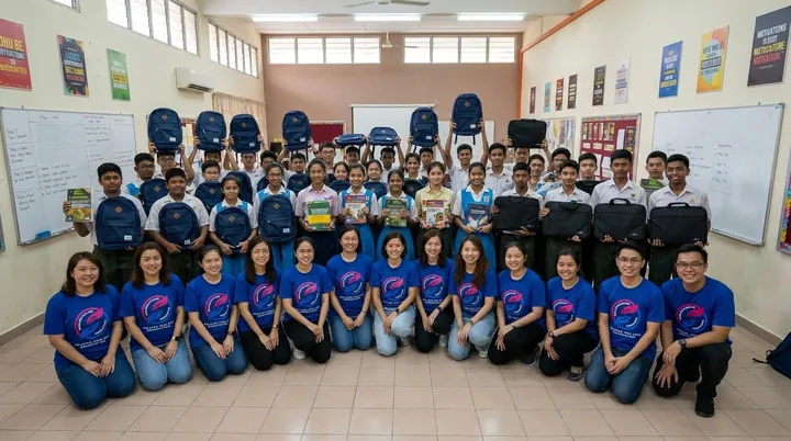 Students and volunteers with their learning materials.