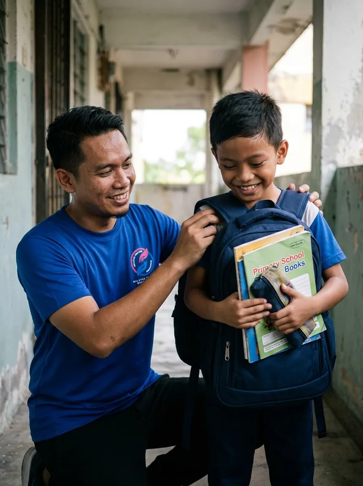 Helping a pupil fit a school backpack.