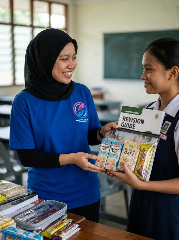 Handing over exam preparation supplies.