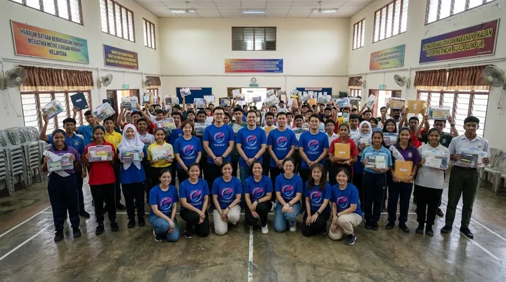 Students and volunteers with study materials.