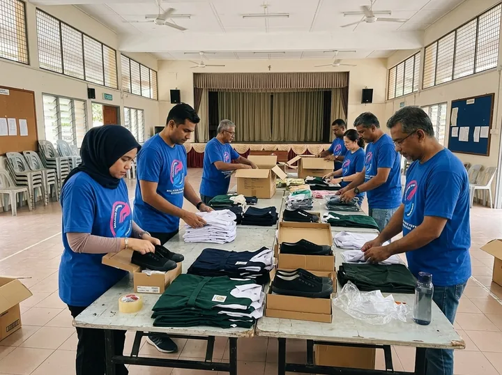 Sorting school uniforms and footwear.