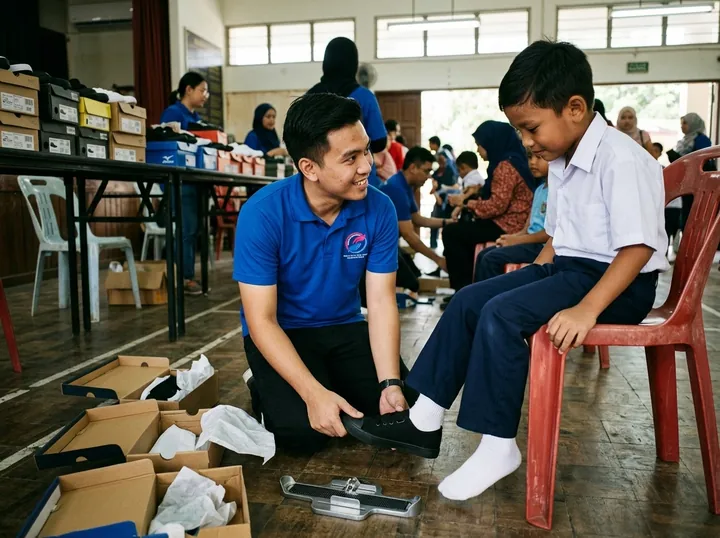Memeriksa kesesuaian kasut murid.