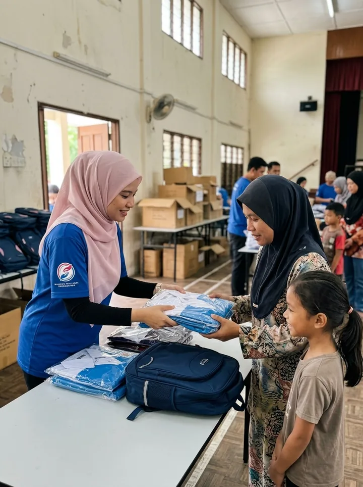 Penyerahan keperluan sekolah kepada keluarga.