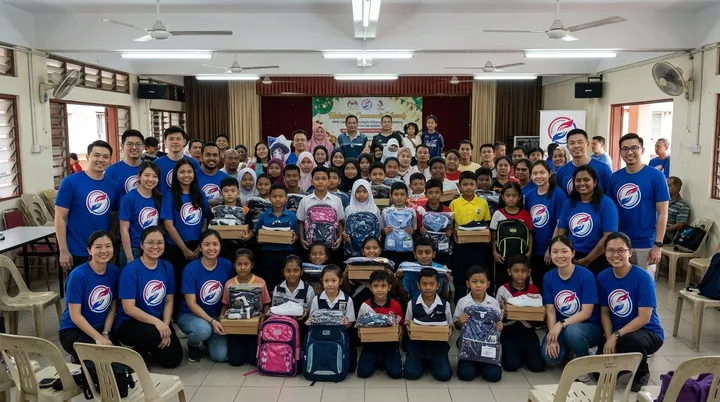 Murid dan sukarelawan di dewan komuniti.