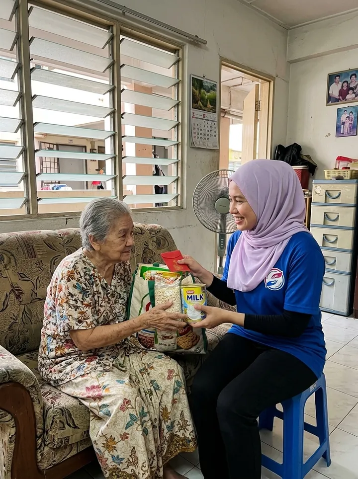 Penyerahan pek warga emas semasa lawatan kebajikan.