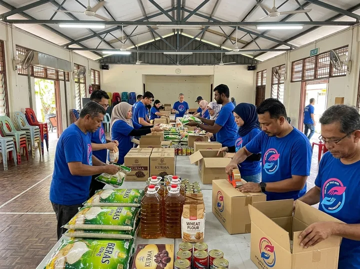Packing grocery baskets at the community hall.