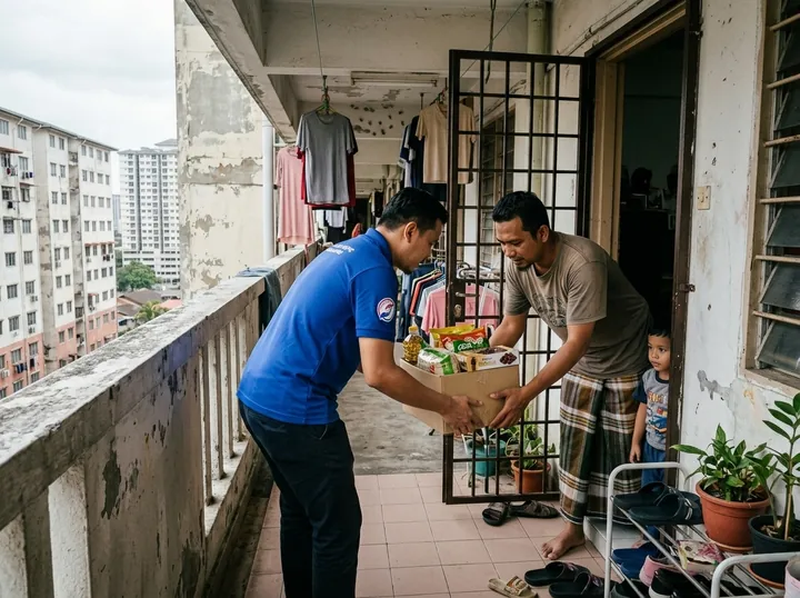 A grocery handover to a resident family.