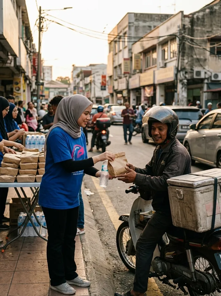 Distributing iftar meals to delivery riders.