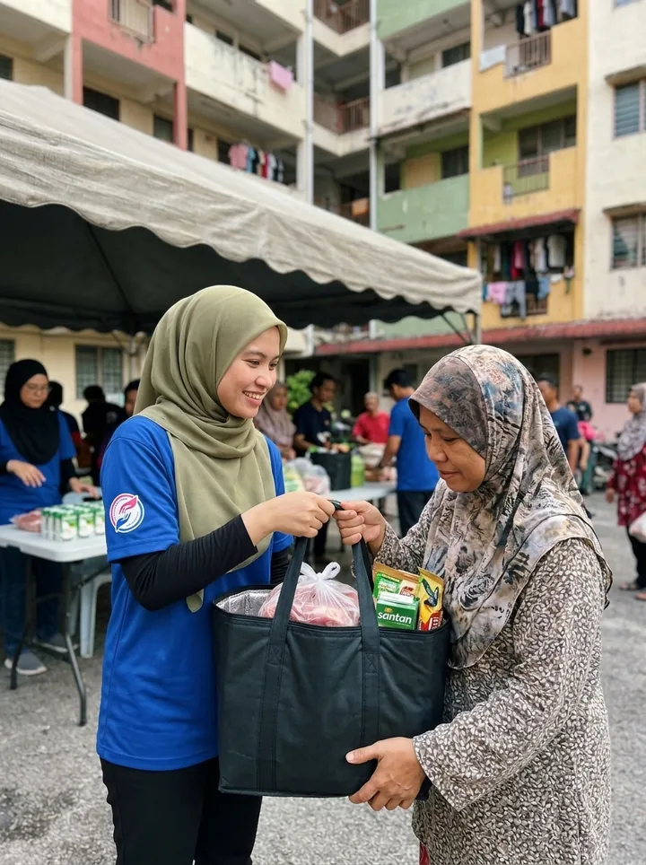 Penyerahan keperluan memasak di pusat pengambilan.
