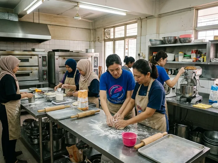 A hands-on baking session with volunteer instructors.
