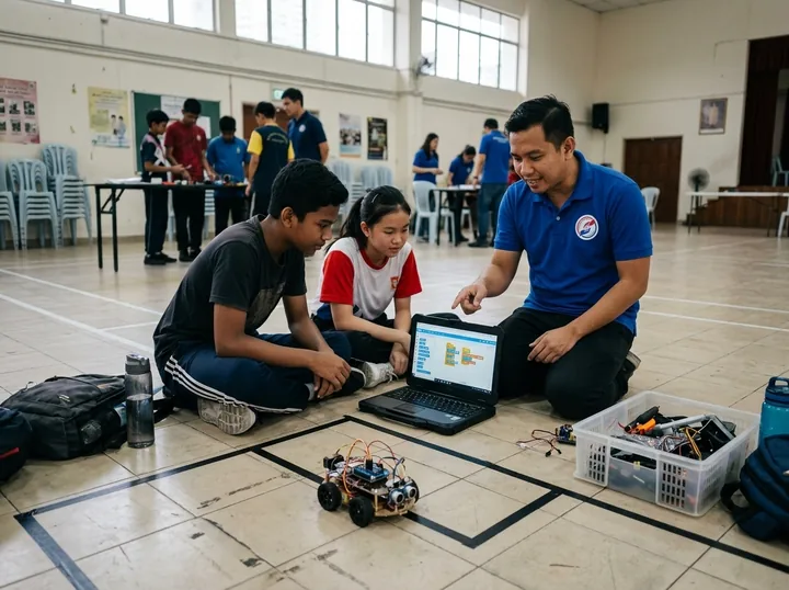 A mentor helps students test a robotics project.