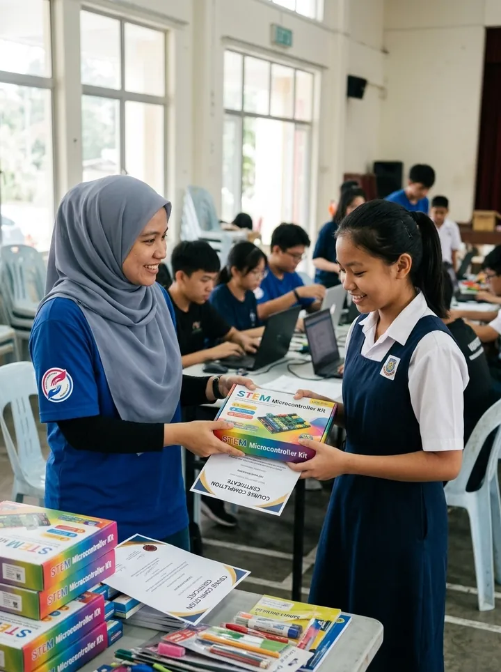 A learning kit handover during the workshop.