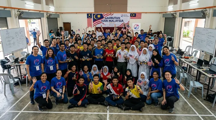 Students and volunteers with workshop projects.