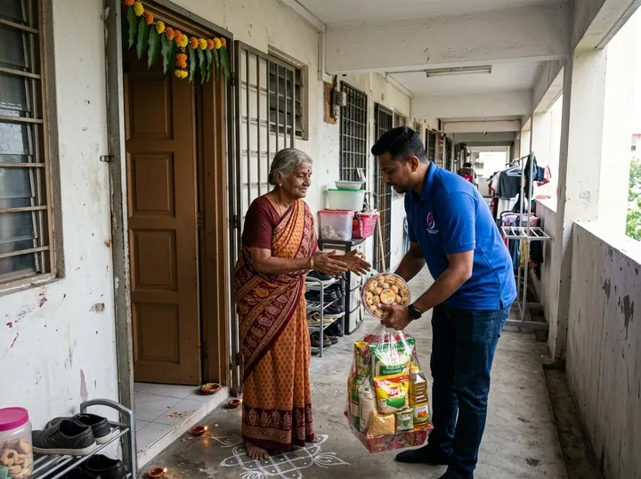 A festive grocery delivery to a resident.