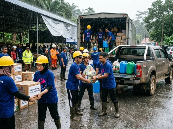 Loading supplies for the flood response convoy.