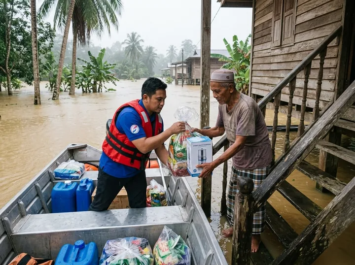 A boat-based delivery to an affected household.
