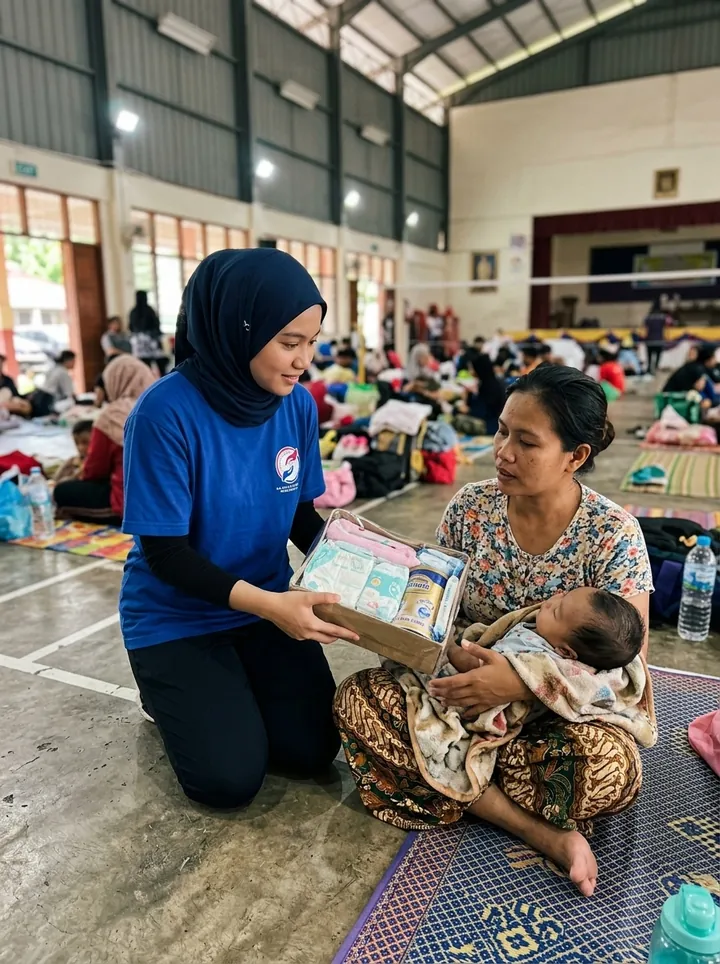 A care pack handover at an evacuation setting.