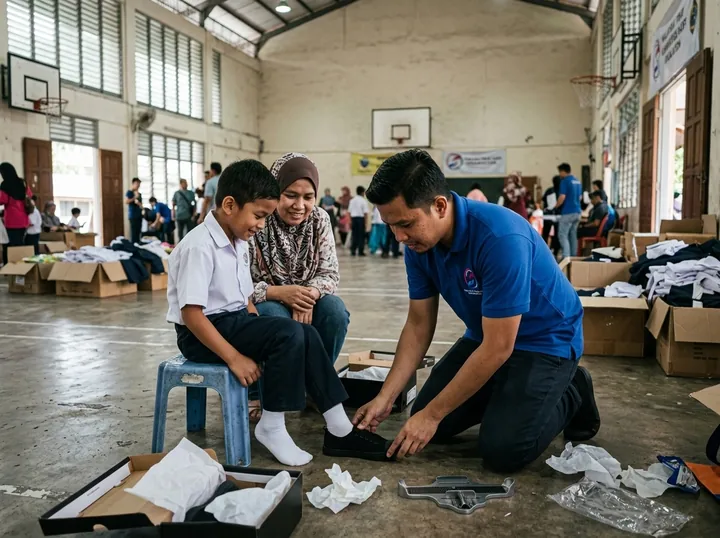 Memeriksa kesesuaian kasut sekolah murid.