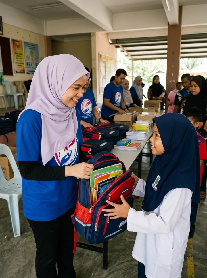 Penyerahan beg sekolah dan alat tulis.