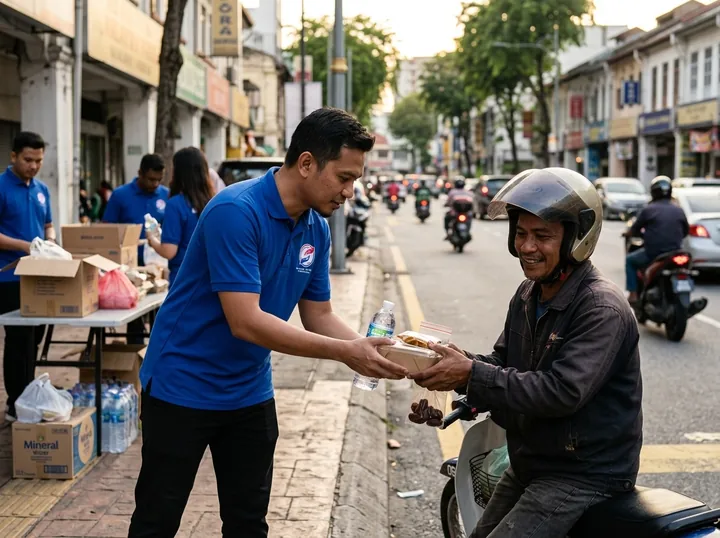 An iftar meal handover to a delivery rider.