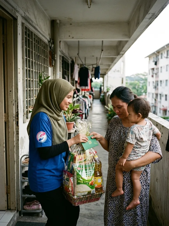 A grocery and festive support handover to a family.