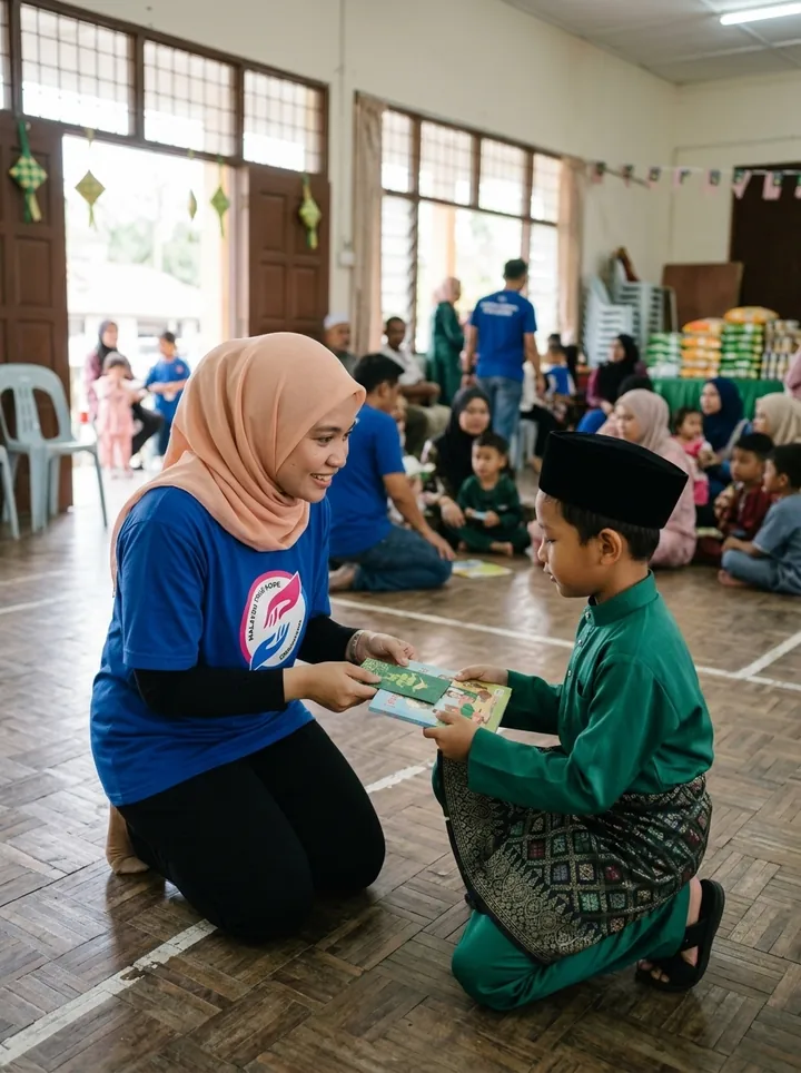 Penyampaian pemberian perayaan kepada kanak-kanak.