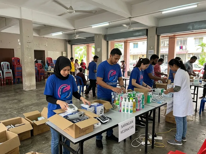 Preparing health screening supplies and family care packs.