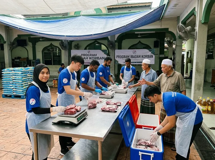 Preparing meat parcels at the community staging area.