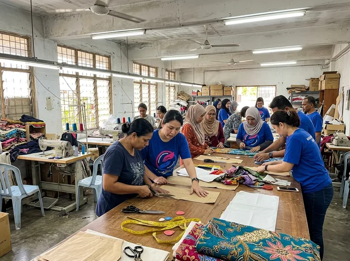 Working on fabric patterns during the tailoring workshop.
