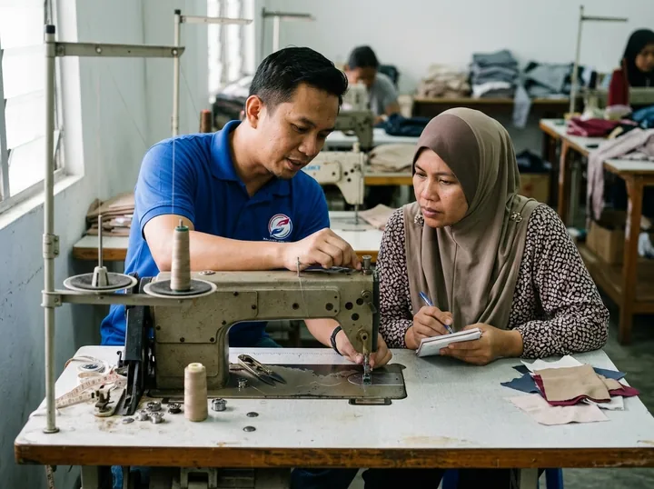 Mentor menunjukkan pengendalian mesin jahit.