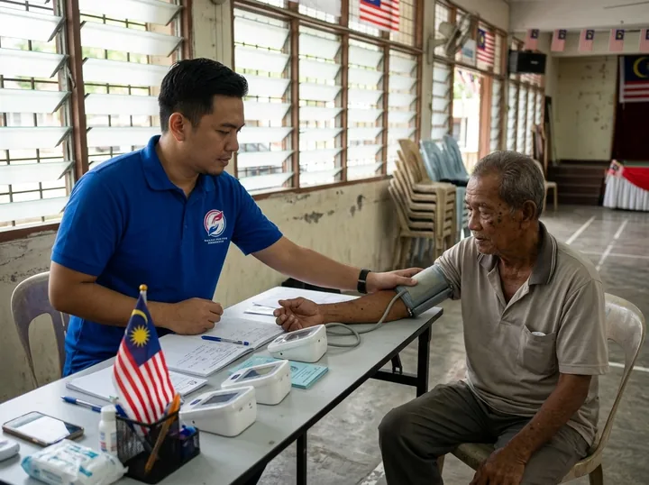 A volunteer practitioner carries out a blood pressure check.