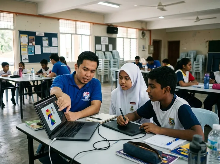 A mentor guides a digital illustration activity.