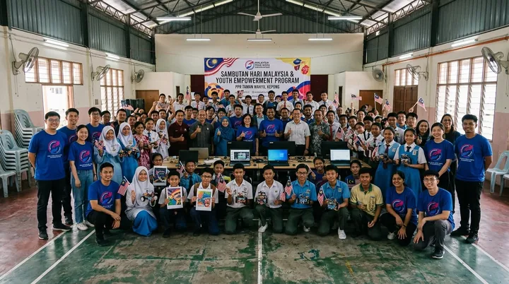 Students and volunteers with their creative projects.